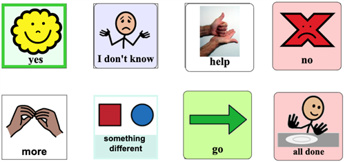 8 core words: more, different, go, all done, yes, no, I don't know, help 